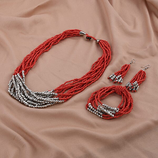 Shop Lc Red Seed Beaded Earrings Wrap Bracelet And Multi Strand Necklace In Stainless Steel 22 Inches
