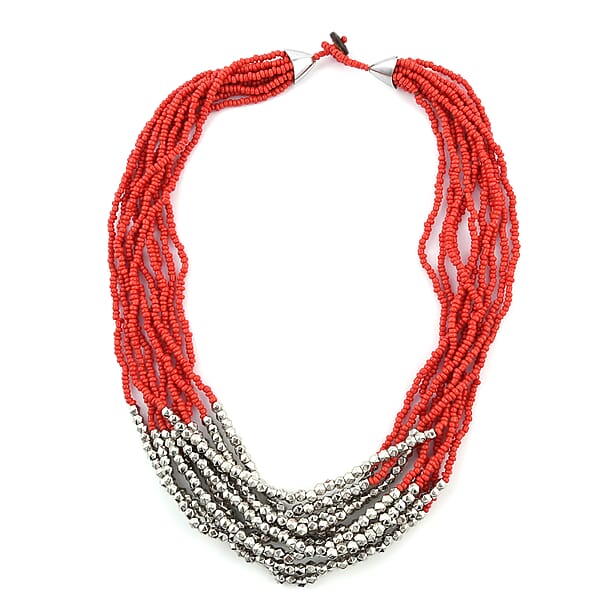 Shop Lc Red Seed Beaded Earrings Wrap Bracelet And Multi Strand Necklace In Stainless Steel 22 Inches