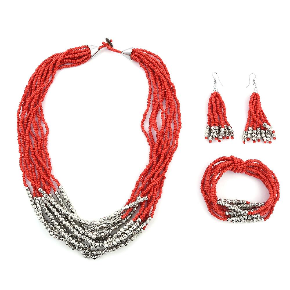 shop lc Red Seed Beaded Earrings Wrap Bracelet and Multi Strand Necklace in Stainless Steel 22 Inches