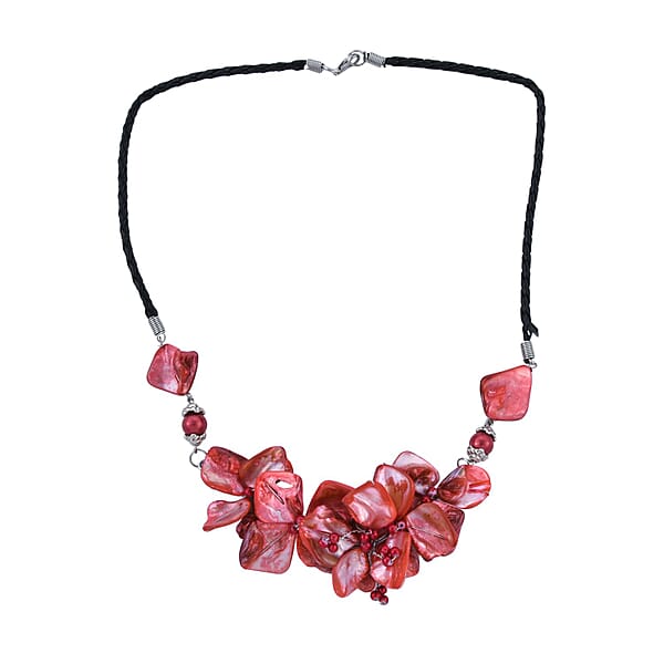 Shop Lc Red Seed Beaded Floral Necklace 20 Inches And Stretch Bracelet (8In) In Silvertone