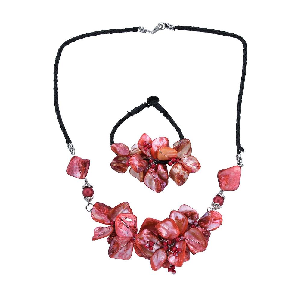 shop lc Red Seed Beaded Floral Necklace 20 Inches and Stretch Bracelet (8In) in Silvertone