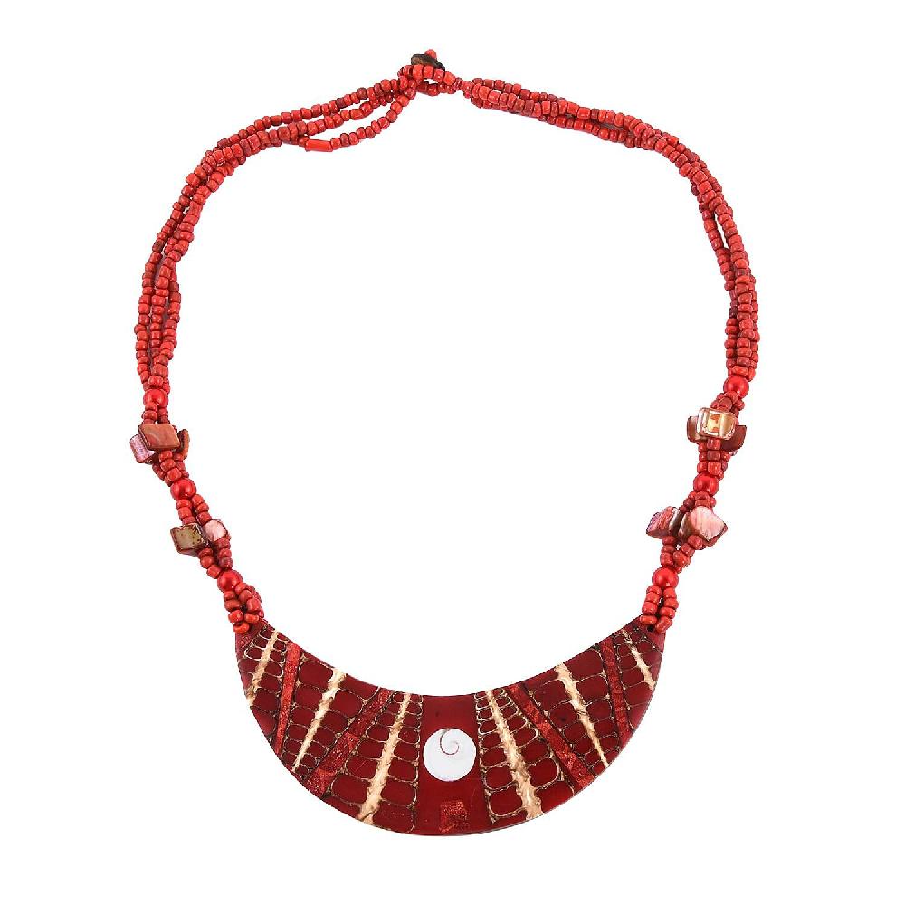 shop lc Red Seed Beaded Moon Shell Multi Strand Necklace 22 Inches