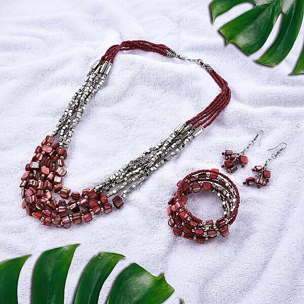 Shop Lc Red Shell And Seed Beaded Earrings And Wrap Bracelet And Multi Strand Necklace In Stainless Steel 22 Inches