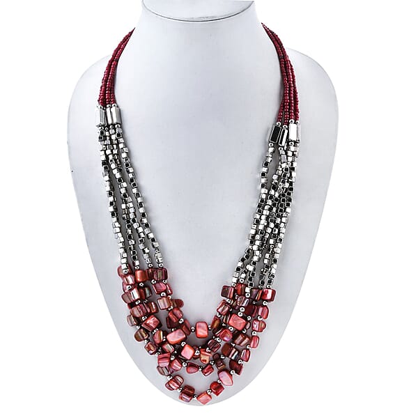 Shop Lc Red Shell And Seed Beaded Earrings And Wrap Bracelet And Multi Strand Necklace In Stainless Steel 22 Inches