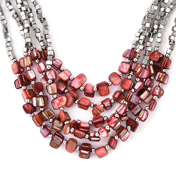 Shop Lc Red Shell And Seed Beaded Earrings And Wrap Bracelet And Multi Strand Necklace In Stainless Steel 22 Inches