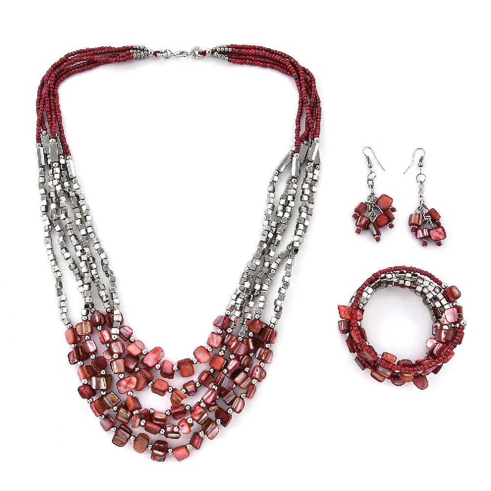 shop lc Red Shell and Seed Beaded Earrings and Wrap Bracelet and Multi Strand Necklace in Stainless Steel 22 Inches