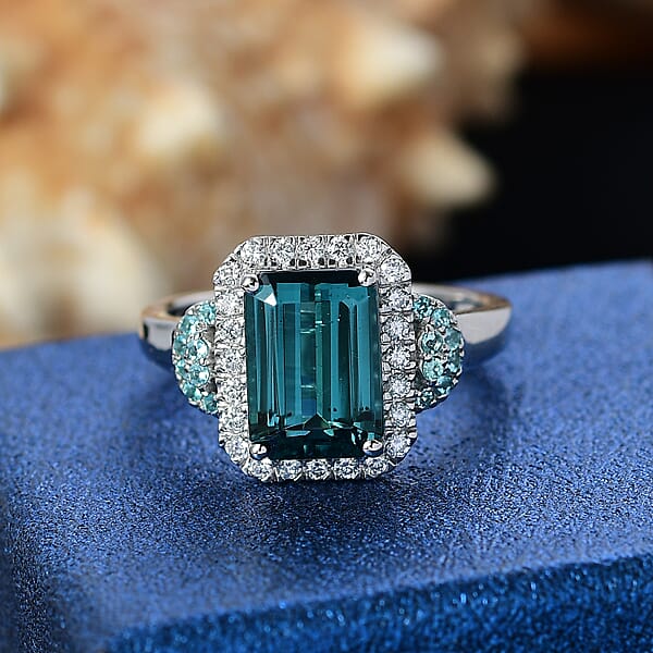 Shop Lc Rhapsody 950 Platinum AAAA Lagoon Tourmaline Paraiba Tourmaline And Diamond (E-F VS2) (0.41 Cts) Halo Ring (7.90 G) 4.16 Ctw
