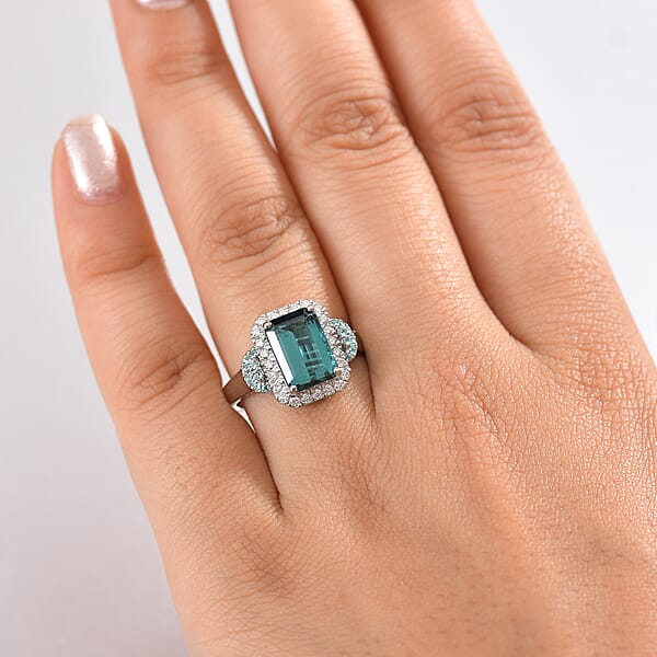 Shop Lc Rhapsody 950 Platinum AAAA Lagoon Tourmaline Paraiba Tourmaline And Diamond (E-F VS2) (0.41 Cts) Halo Ring (7.90 G) 4.16 Ctw