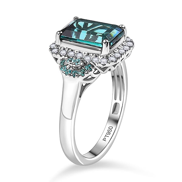 Shop Lc Rhapsody 950 Platinum AAAA Lagoon Tourmaline Paraiba Tourmaline And Diamond (E-F VS2) (0.41 Cts) Halo Ring (7.90 G) 4.16 Ctw