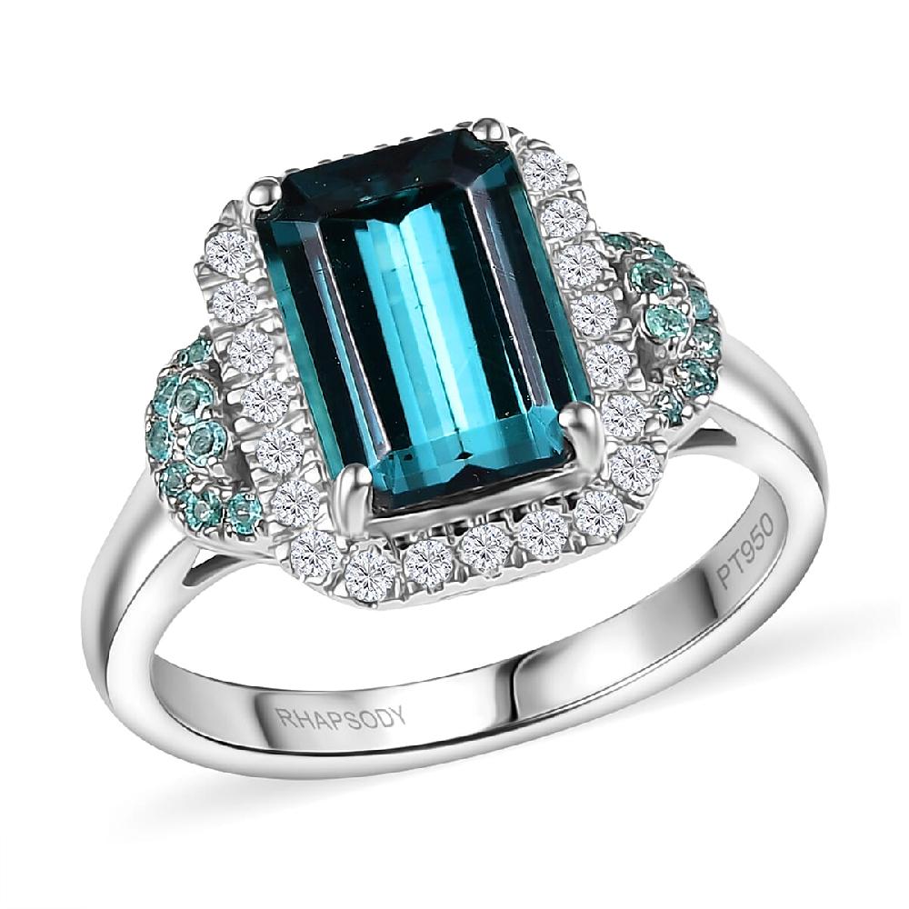 shop lc Rhapsody 950 Platinum AAAA Lagoon Tourmaline Paraiba Tourmaline and Diamond (E-F VS2) (0.41 cts) Halo Ring (7.90 g) 4.16 ctw