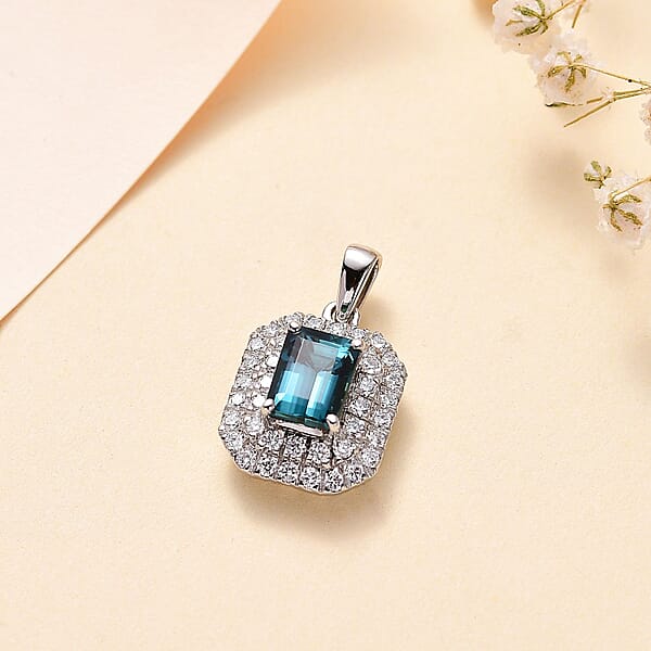 Shop Lc Rhapsody 950 Platinum AAAA Monte Belo Indicolite And E-F VS Diamond Double Halo Pendant Without Chain 4.20 Grams 2.05 Ctw