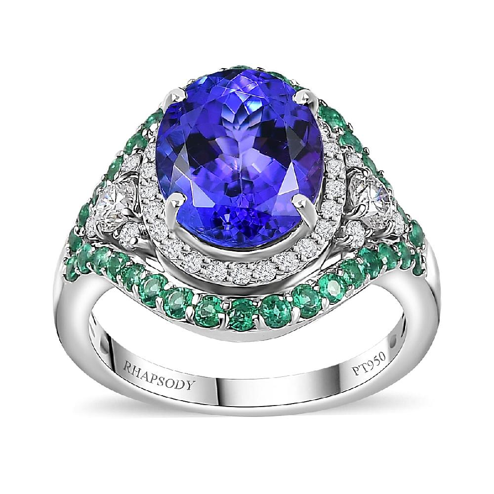 shop lc Rhapsody 950 Platinum AAAA Tanzanite Boyaca Colombian Emerald and E-F VS2 Diamond Ring 8.55 Grams 5.90 ctw