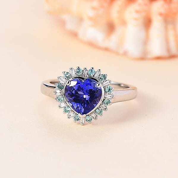 Shop Lc Rhapsody 950 Platinum AAAA Tanzanite Paraiba Tourmaline And Diamond (E-F VS2) Heart Ring 2.20 Ctw
