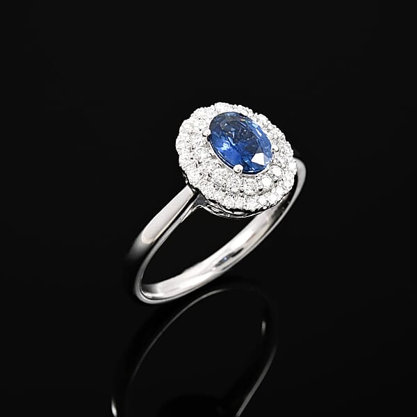 Shop Lc Rhapsody AAAA Andranondambo Blue Sapphire And E-F VS Diamond 1.45 Ctw Double Halo Ring In 950 Platinum 6.20 Grams