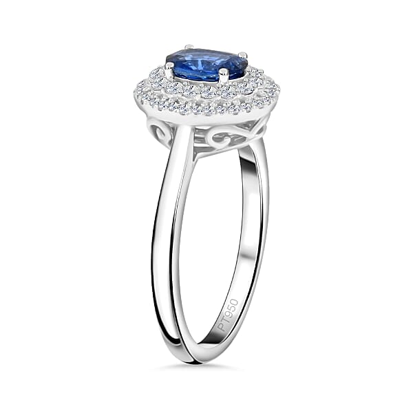 Shop Lc Rhapsody AAAA Andranondambo Blue Sapphire And E-F VS Diamond 1.45 Ctw Double Halo Ring In 950 Platinum 6.20 Grams