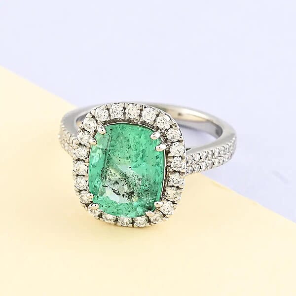 Shop Lc Rhapsody AAAA Boyaca Colombian Emerald And E-F VS Diamond 4.60 Ctw Halo Ring In 950 Platinum 7.50 Grams
