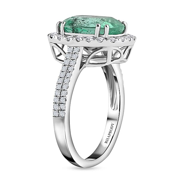 Shop Lc Rhapsody AAAA Boyaca Colombian Emerald And E-F VS Diamond 4.60 Ctw Halo Ring In 950 Platinum 7.50 Grams