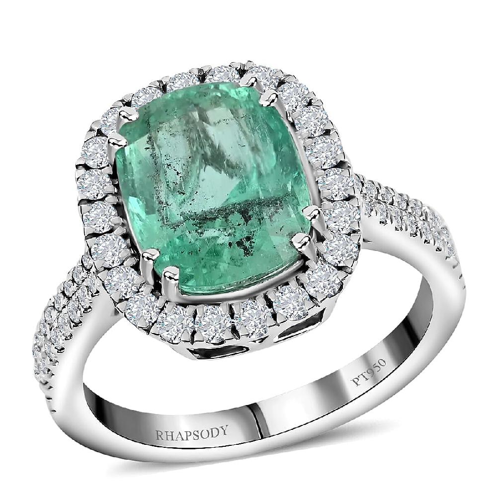 shop lc Rhapsody AAAA Boyaca Colombian Emerald and E-F VS Diamond 4.60 ctw Halo Ring in 950 Platinum 7.50 Grams