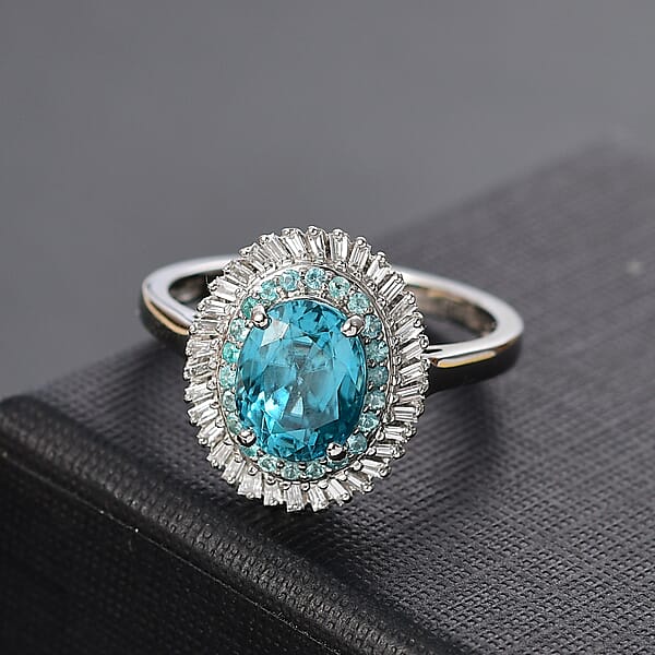 Shop Lc Rhapsody AAAA Cambodian Blue Zircon Paraiba Tourmaline And E-F VS Diamond 4.36 Ctw Double Halo Ring In 950 Platinum