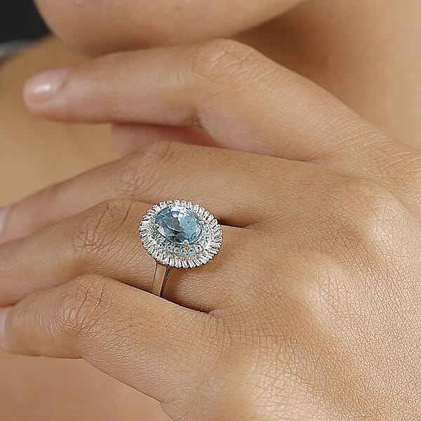 Shop Lc Rhapsody AAAA Cambodian Blue Zircon Paraiba Tourmaline And E-F VS Diamond 4.36 Ctw Double Halo Ring In 950 Platinum