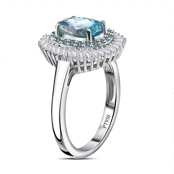 Shop Lc Rhapsody AAAA Cambodian Blue Zircon Paraiba Tourmaline And E-F VS Diamond 4.36 Ctw Double Halo Ring In 950 Platinum