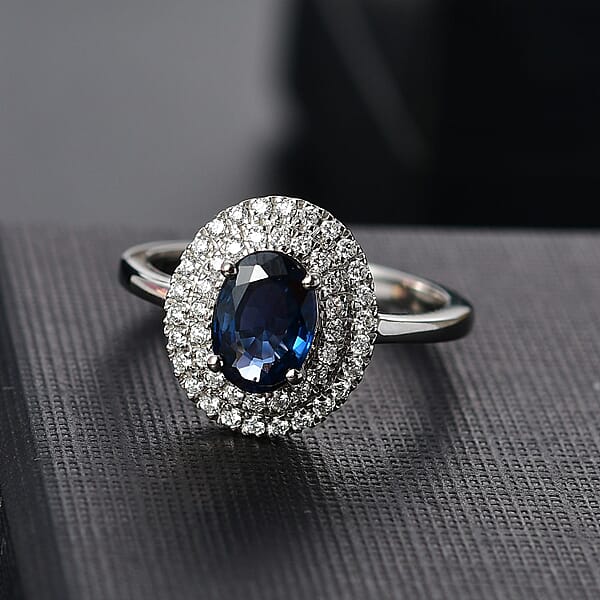 Shop Lc Rhapsody AAAA Ceylon Blue Sapphire And E-F VS2 Diamond 1.65 Ctw Double Halo Ring In 950 Platinum 4.50 Grams