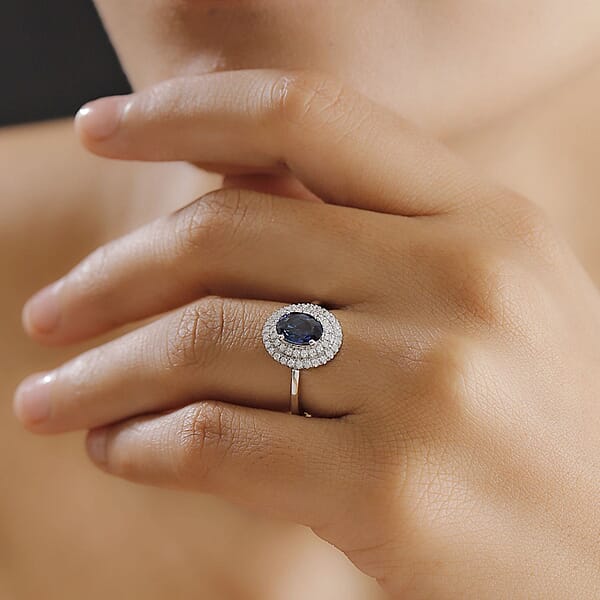Shop Lc Rhapsody AAAA Ceylon Blue Sapphire And E-F VS2 Diamond 1.65 Ctw Double Halo Ring In 950 Platinum 4.50 Grams