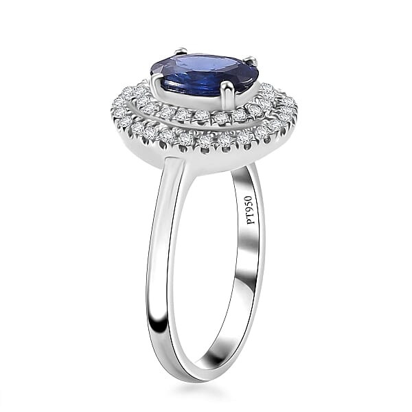 Shop Lc Rhapsody AAAA Ceylon Blue Sapphire And E-F VS2 Diamond 1.65 Ctw Double Halo Ring In 950 Platinum 4.50 Grams
