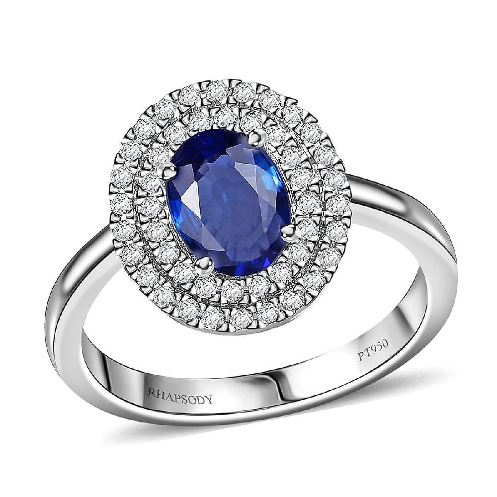 shop lc Rhapsody AAAA Ceylon Blue Sapphire and E-F VS2 Diamond 1.65 ctw Double Halo Ring in 950 Platinum 4.50 Grams
