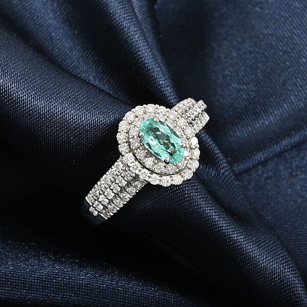 Shop Lc Rhapsody AAAA Paraiba Tourmaline And E-F VS Diamond 1.49 Ctw Ring In 950 Platinum 7.85 Grams With Free Paraiba Book