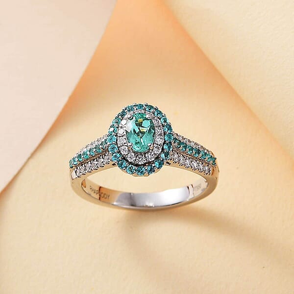 Shop Lc Rhapsody AAAA Paraiba Tourmaline And E-F VS Diamond 1.34 Ctw Ring In 950 Platinum 7.90 Grams