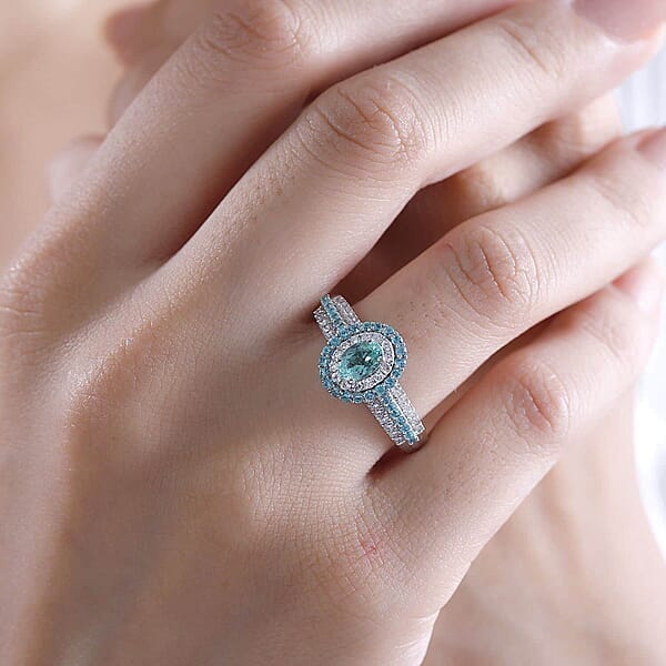 Shop Lc Rhapsody AAAA Paraiba Tourmaline And E-F VS Diamond 1.34 Ctw Ring In 950 Platinum 7.90 Grams