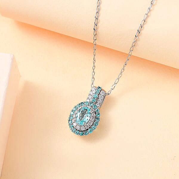 Shop Lc Rhapsody AAAA Paraiba Tourmaline And E-F VS Diamond 1.07 Ctw Double Halo Pendant Necklace In 950 Platinum 4.01 Grams 18 Inches