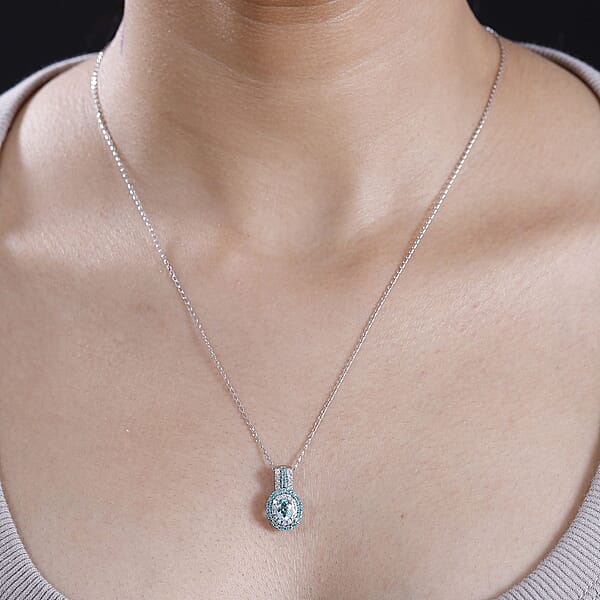 Shop Lc Rhapsody AAAA Paraiba Tourmaline And E-F VS Diamond 1.07 Ctw Double Halo Pendant Necklace In 950 Platinum 4.01 Grams 18 Inches