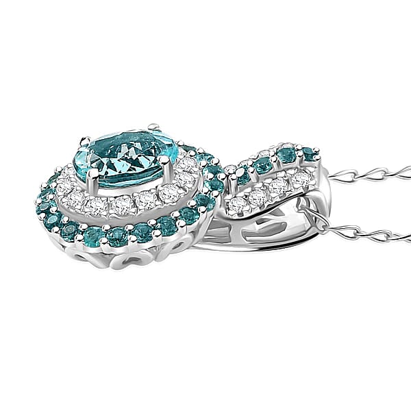 Shop Lc Rhapsody AAAA Paraiba Tourmaline And E-F VS Diamond 1.07 Ctw Double Halo Pendant Necklace In 950 Platinum 4.01 Grams 18 Inches