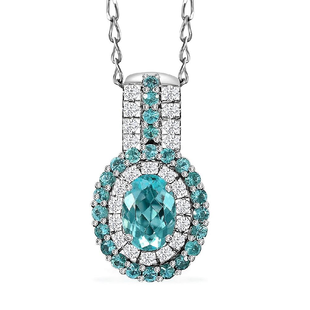 shop lc Rhapsody AAAA Paraiba Tourmaline and E-F VS Diamond 1.07 ctw Double Halo Pendant Necklace in 950 Platinum 4.01 Grams 18 Inches