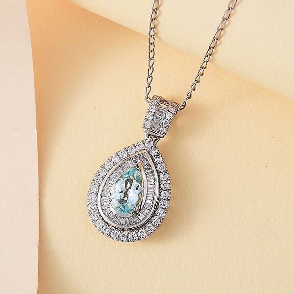 Shop Lc Rhapsody AAAA Paraiba Tourmaline And E-F VS Diamond 1.64 Ctw Pendant Necklace In 950 Platinum 5.01 Grams 18 Inches