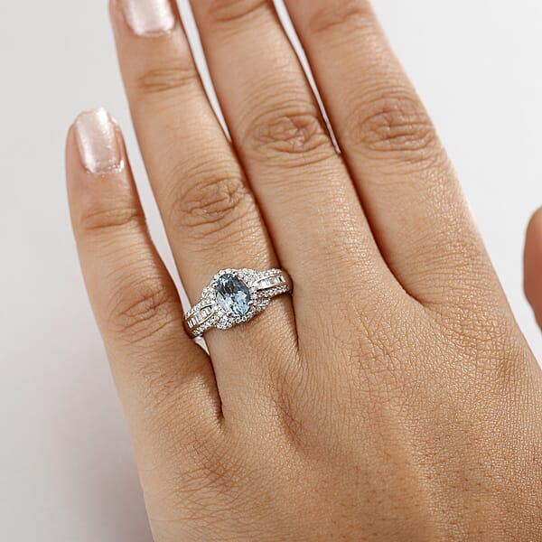 Shop Lc Rhapsody AAAA Santa Maria Aquamarine And E-F VS2 Diamond 1.50 Ctw Aquatic Majesty Ring In 950 Platinum