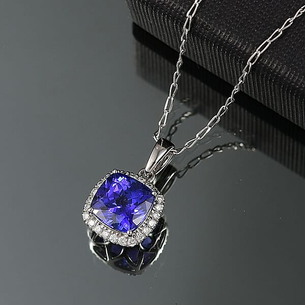 Shop Lc Rhapsody AAAA Tanzanite And E-F VS Diamond 2.29 Ctw Halo Pendant Necklace In 950 Platinum 20 Inches