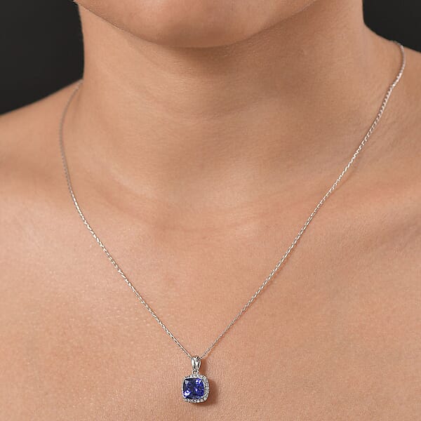 Shop Lc Rhapsody AAAA Tanzanite And E-F VS Diamond 2.29 Ctw Halo Pendant Necklace In 950 Platinum 20 Inches