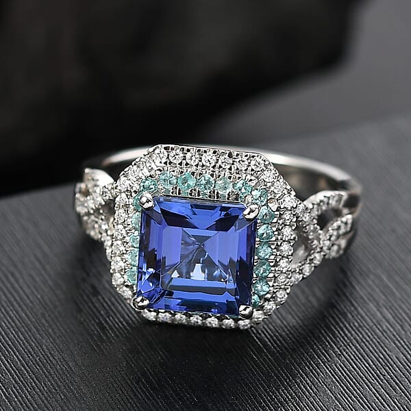 Shop Lc Rhapsody AAAA Tanzanite Paraiba Tourmaline And E-F VS Diamond 3.30 Ctw Midnight Deco Ring In 950 Platinum