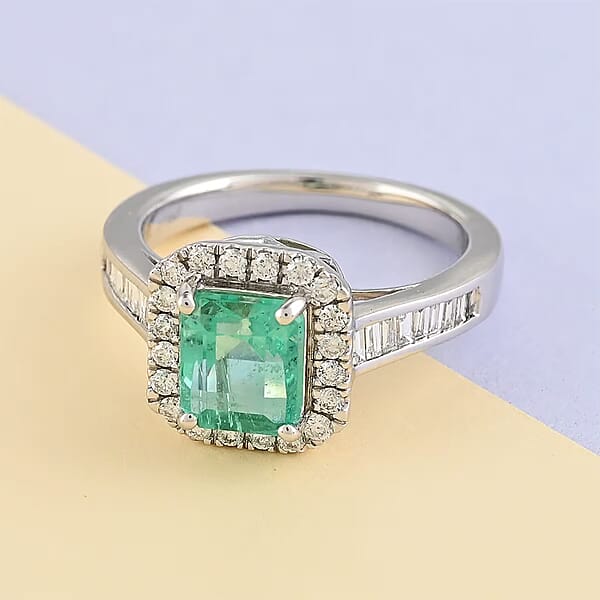 Shop Lc Rhapsody Boyaca Colombian Emerald And E-F VS Diamond 2.20 Ctw Halo Ring In 950 Platinum 7.50 Grams