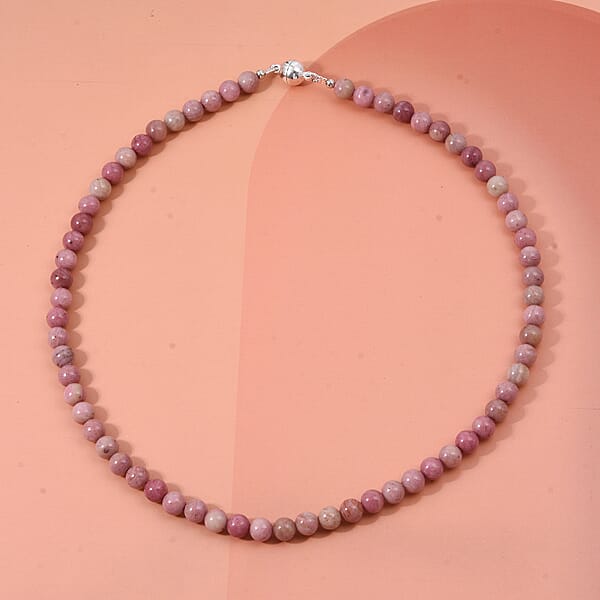 Shop Lc Rhodonite Beaded Necklace With Magnetic Lock In Sterling Silver 150.00 Ctw (18 Inches)