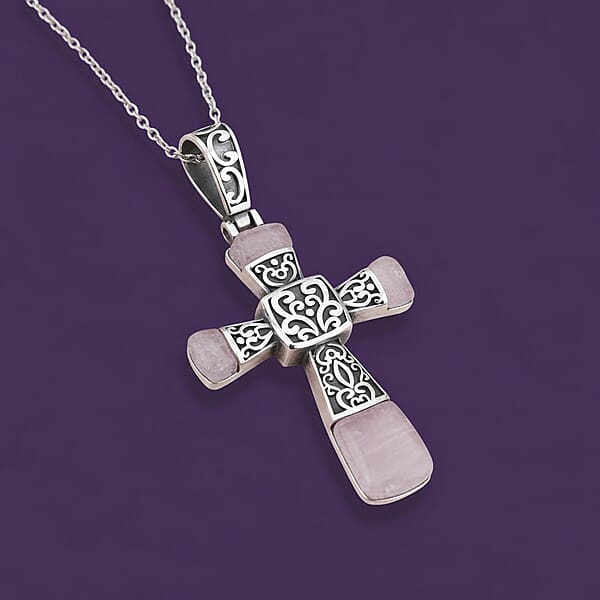 Shop Lc Rose Quartz 6.00 Ctw Inlay Cross Pendant Necklace In Stainless Steel 24 Inches