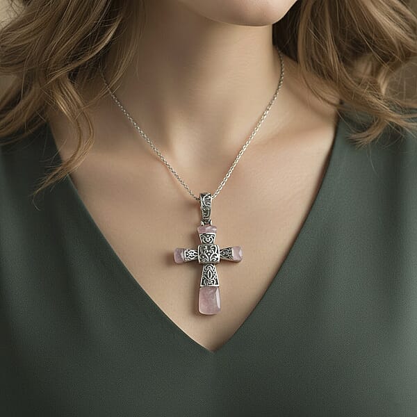 Shop Lc Rose Quartz 6.00 Ctw Inlay Cross Pendant Necklace In Stainless Steel 24 Inches