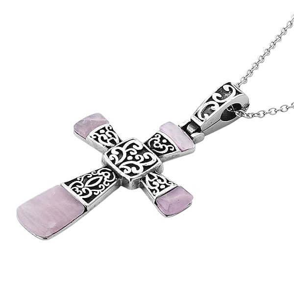 Shop Lc Rose Quartz 6.00 Ctw Inlay Cross Pendant Necklace In Stainless Steel 24 Inches