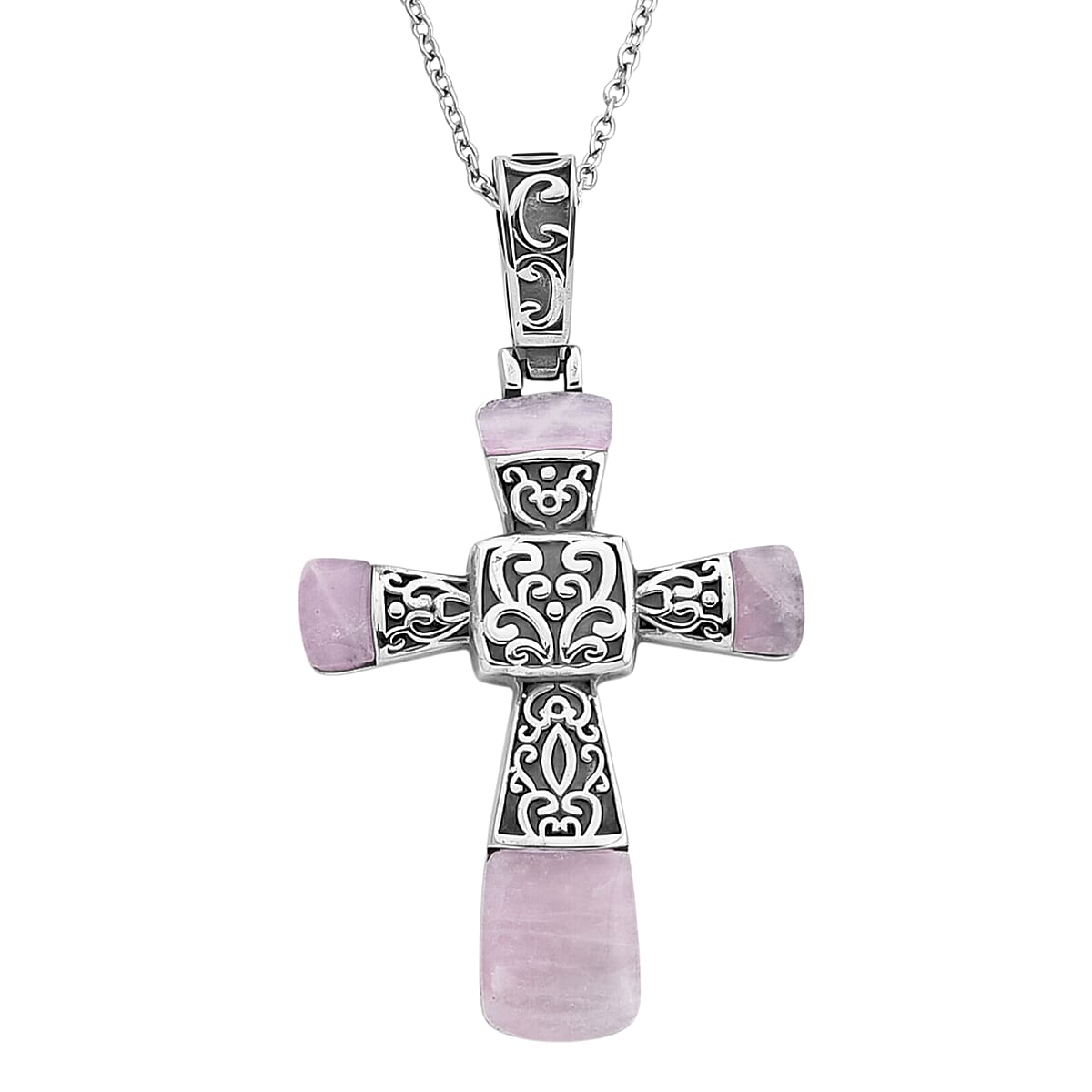 shop lc Rose Quartz 6.00 ctw Inlay Cross Pendant Necklace in Stainless Steel 24 Inches