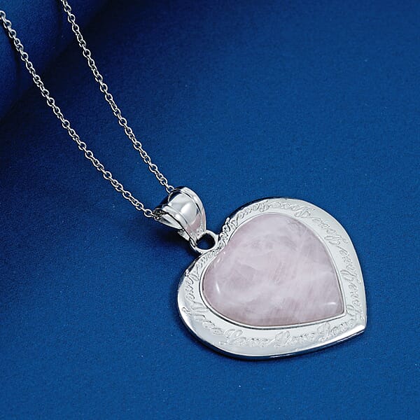 Shop Lc Rose Quartz Heart Pendant In Silvertone With Stainless Steel Necklace 28.00 Ctw (20 Inches)