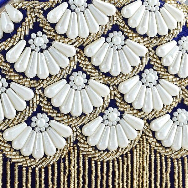 Shop Lc Royal Blue Hand Embroidery Pearl Studded Velvet Clutch With Tassels Ring Handle And Sling Chain