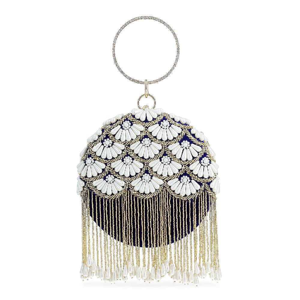 shop lc Royal Blue Hand Embroidery Pearl Studded Velvet Clutch with Tassels Ring Handle and Sling Chain